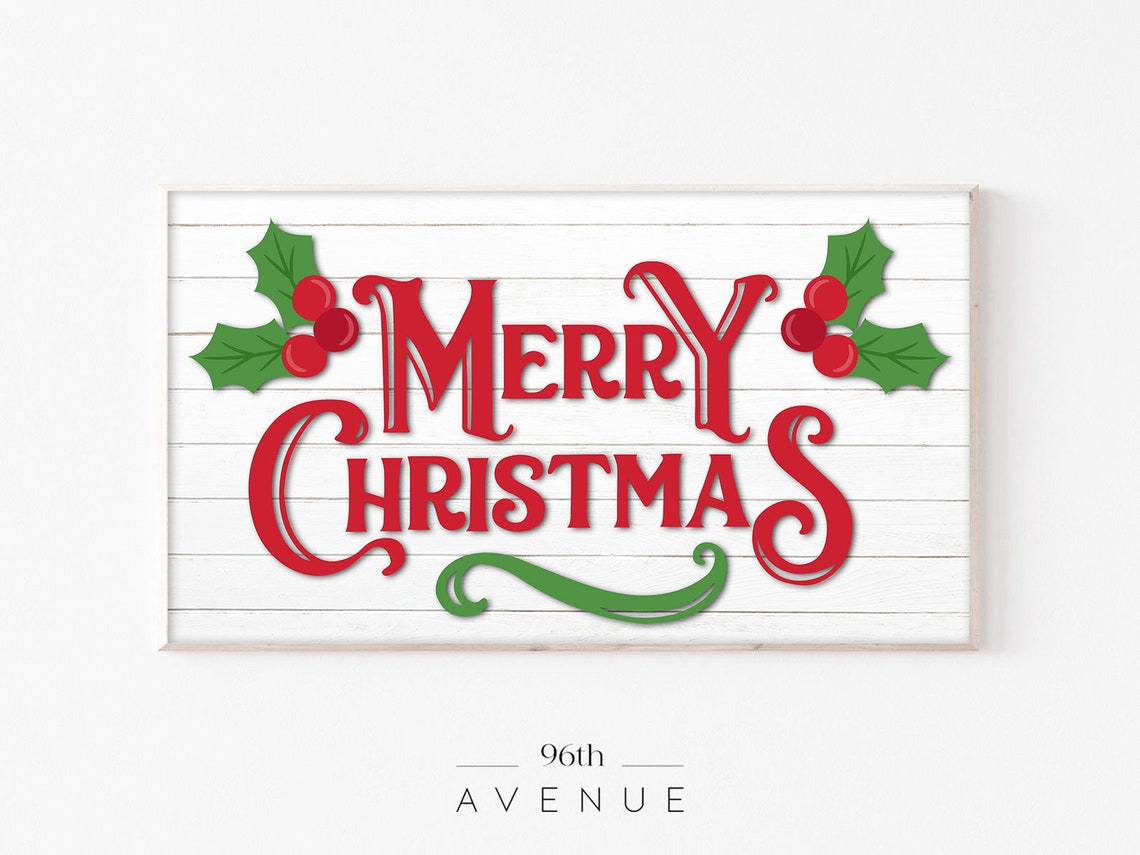 Merry Christmas Red Lettering Holly Rustic Farmhouse Holiday Poster