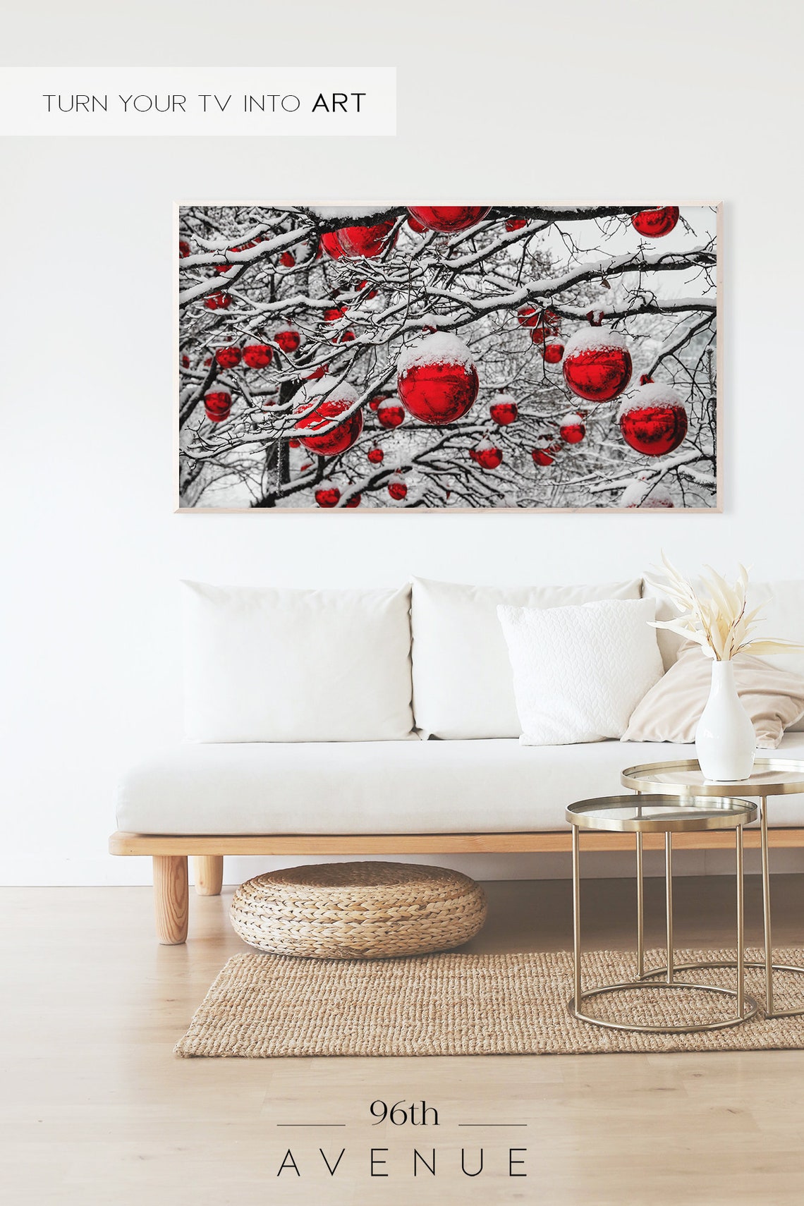 Red Christmas Baubles on Snow Covered Winter Tree Branches Poster - Image 2