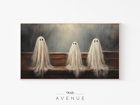 Three Sheet Ghosts Sitting On A Wooden Bench In The Woods Poster