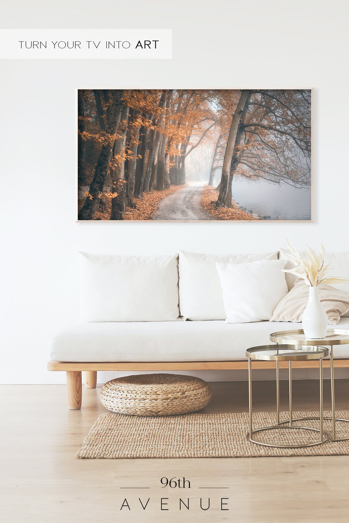 Misty Autumn Lakeside Road Orange Trees Foggy Nature Landscape Poster - Image 2