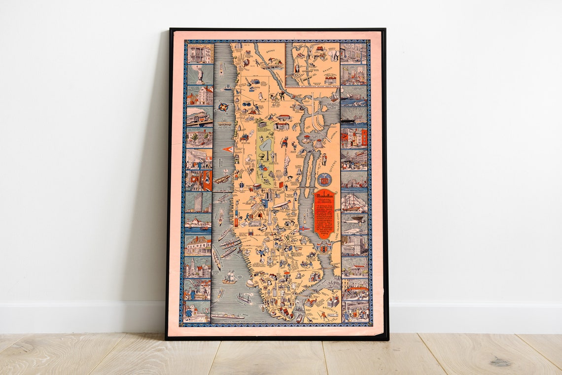 Vintage Pictorial Map of Manhattan New York Illustrated Poster