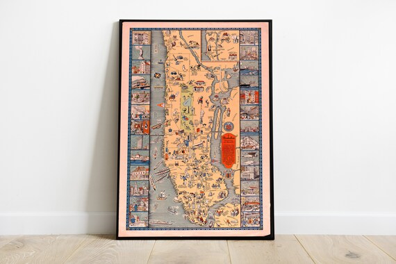 Map Of New York 1933 Antique Manhattan Poster City Historical Yorknew Picturemap