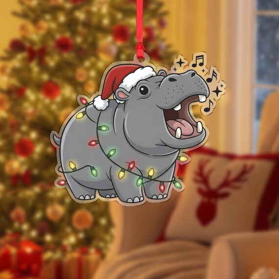 Hippo Christmas Ornament Santa Hat Singing Holiday Lights Poster