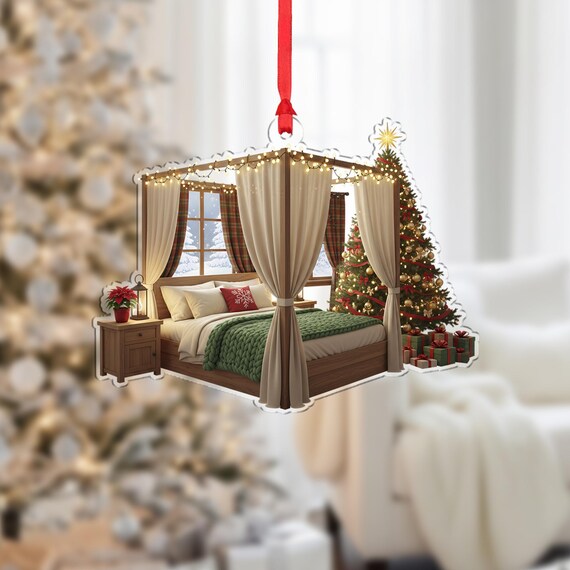 Cozy Christmas Bedroom Scene Canopy Bed Tree Acrylic Ornament Print