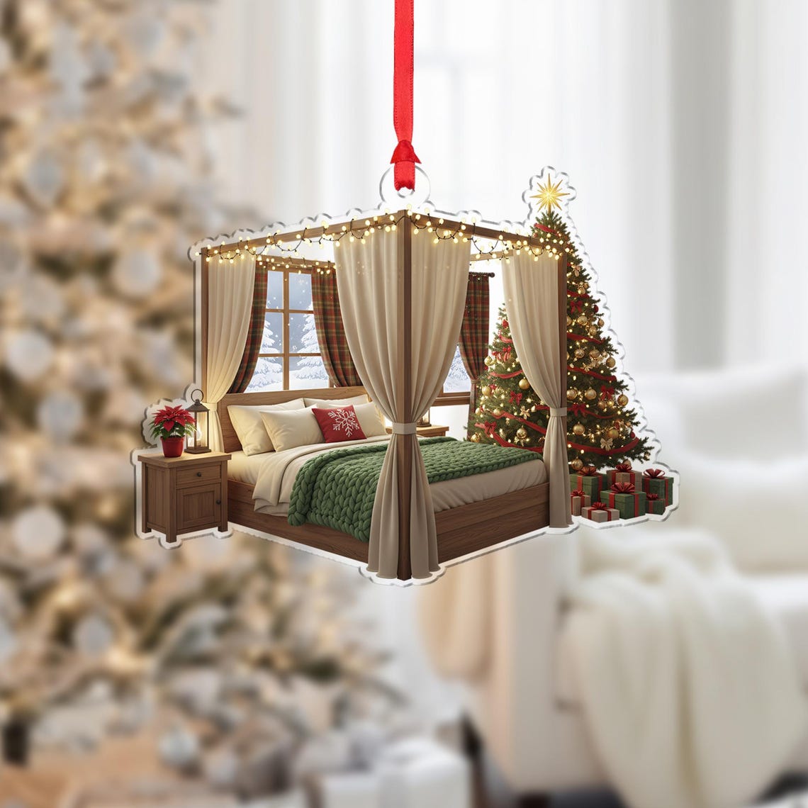 Cozy Christmas Bedroom Scene Canopy Bed Tree Acrylic Ornament Print