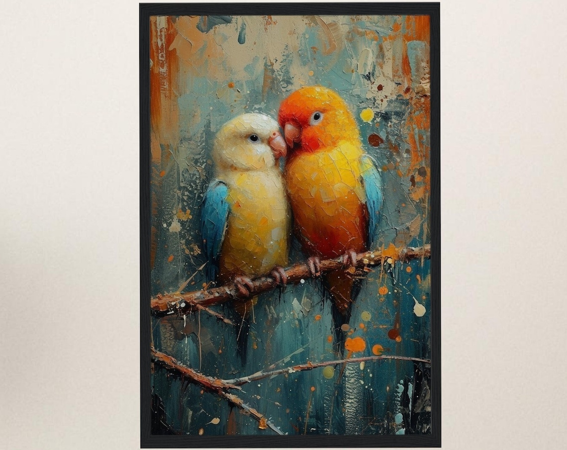 Lovebirds Pair on Branch Oil Painting Style Romantic Bird Art Poster