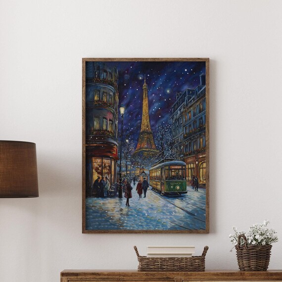 Paris Eiffel Tower Snowy Night Street Painting Christmas Art Print
