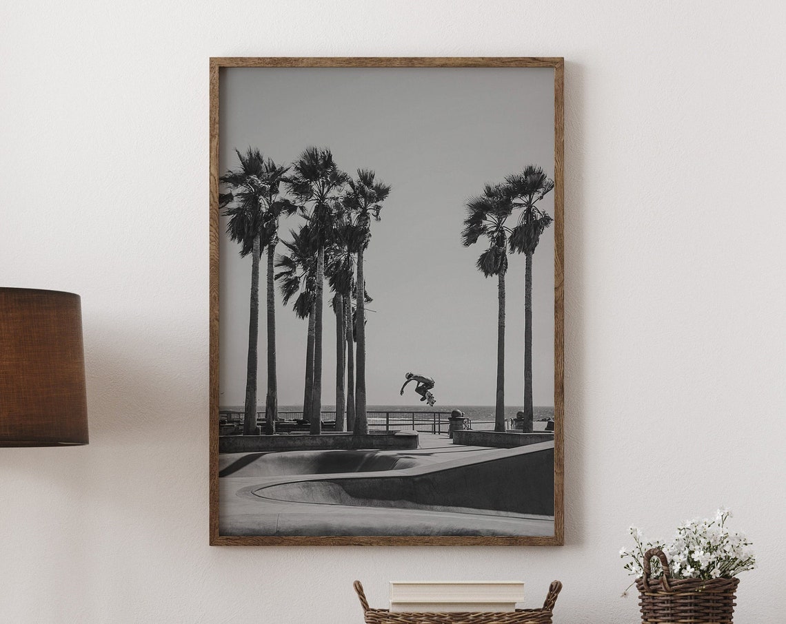 Venice Beach Skateboarder Black White Palm Tree Photo Poster