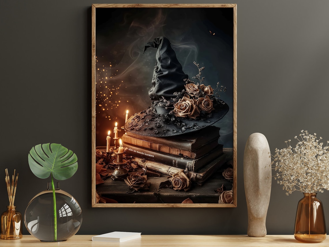 Surreal Witch Hat and Magical Books Art Print, Halloween