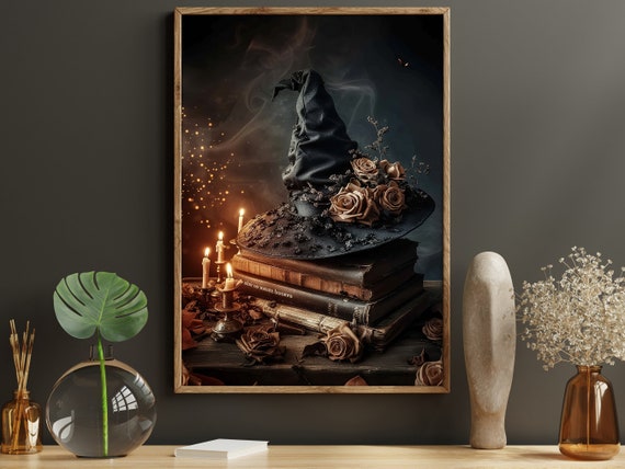Surreal Witch Hat and Magical Books Art Print, Halloween
