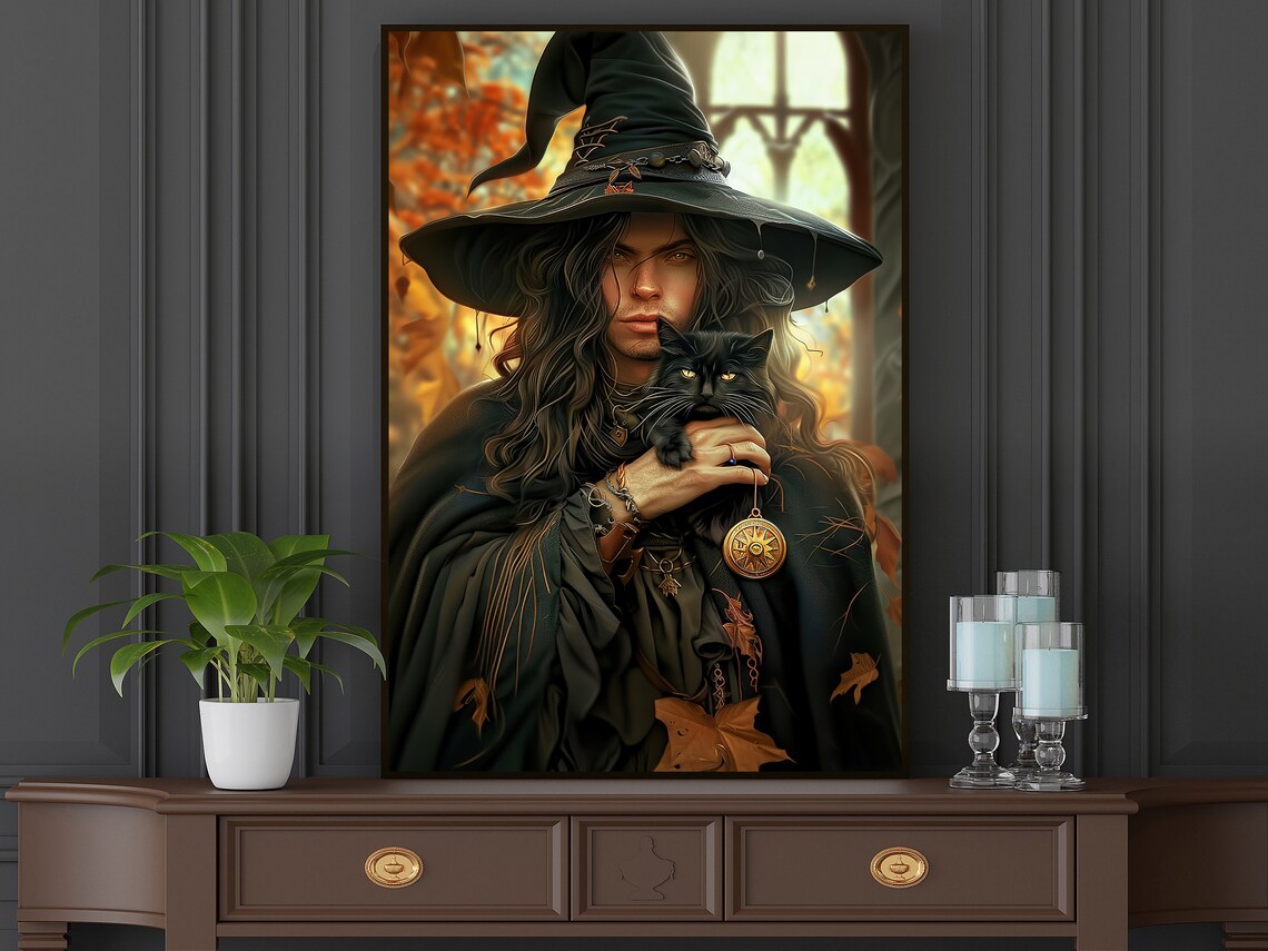 Dark Witch Black Cat Autumn Leaves Gothic Portrait Witchy Halloween Art Print - Image 4