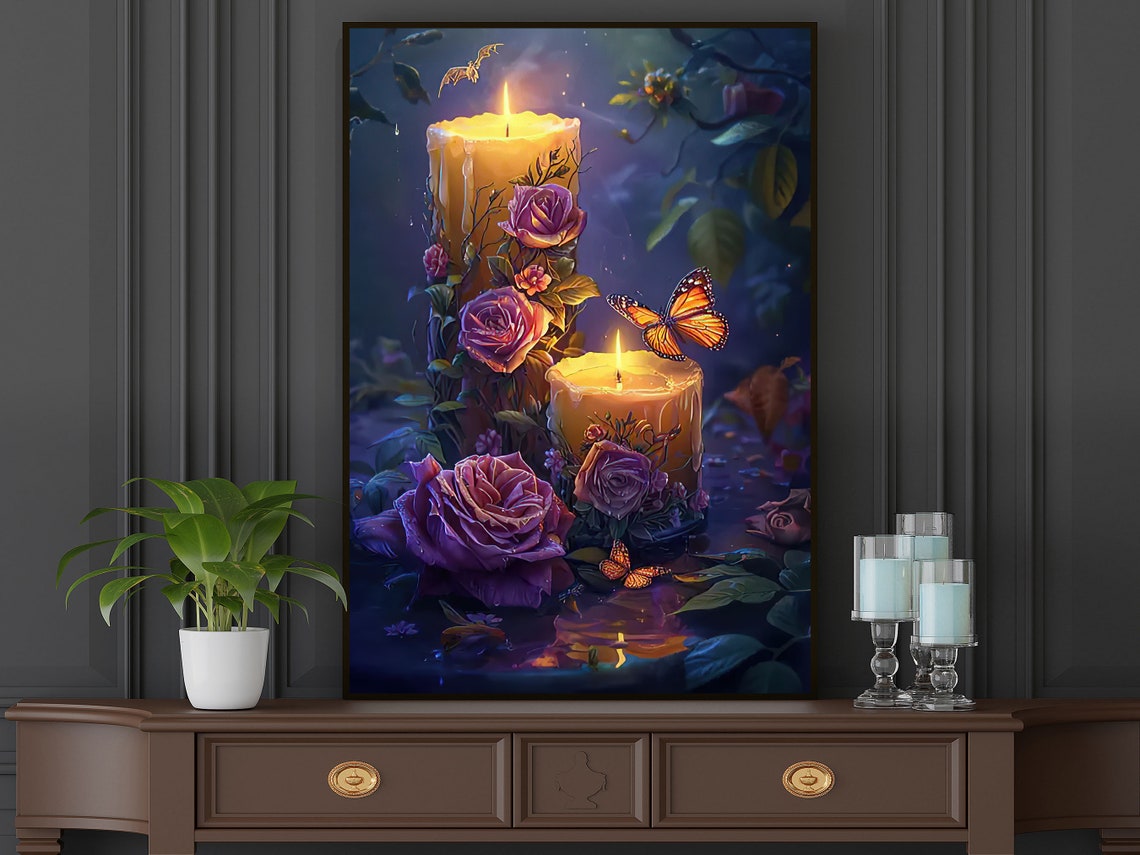 Glowing Candles With Roses And Monarch Butterflies Night Garden Poster - Image 5