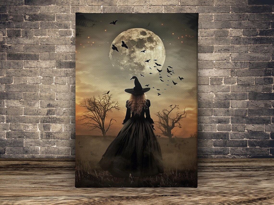 Witch In Field Under Full Moon With Bats Spooky Halloween Art Print - Image 2