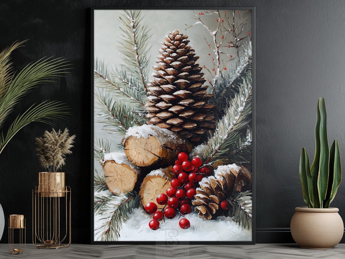 Vintage Pinecone Holiday Poster, Cozy Winter Decor