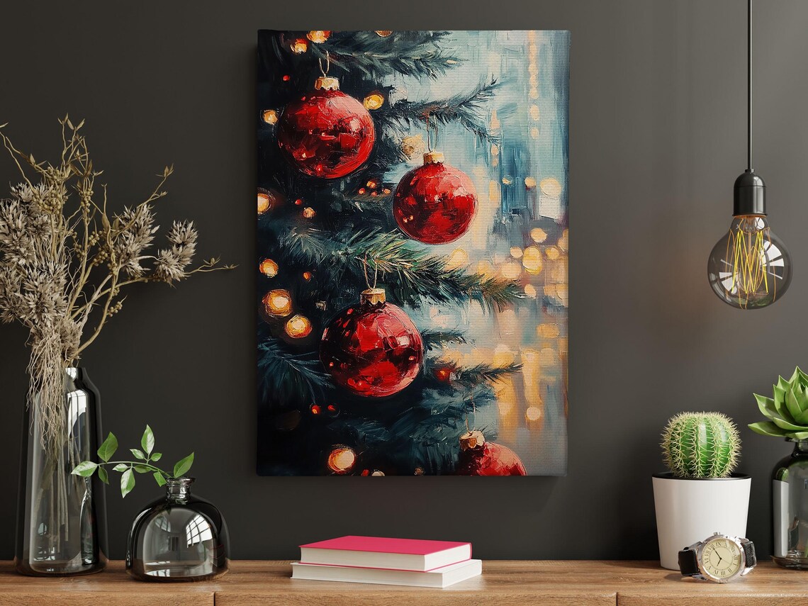 Vintage Christmas Bauble Art Print, Cottage Winter Tree - Image 3