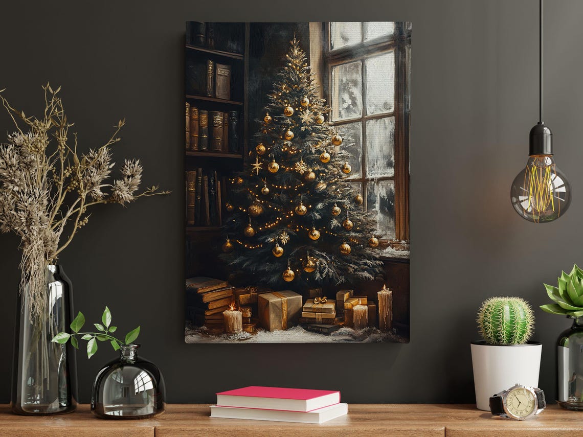 Cozy Christmas Tree With Gold Ornaments By Window With Books Poster - Image 4