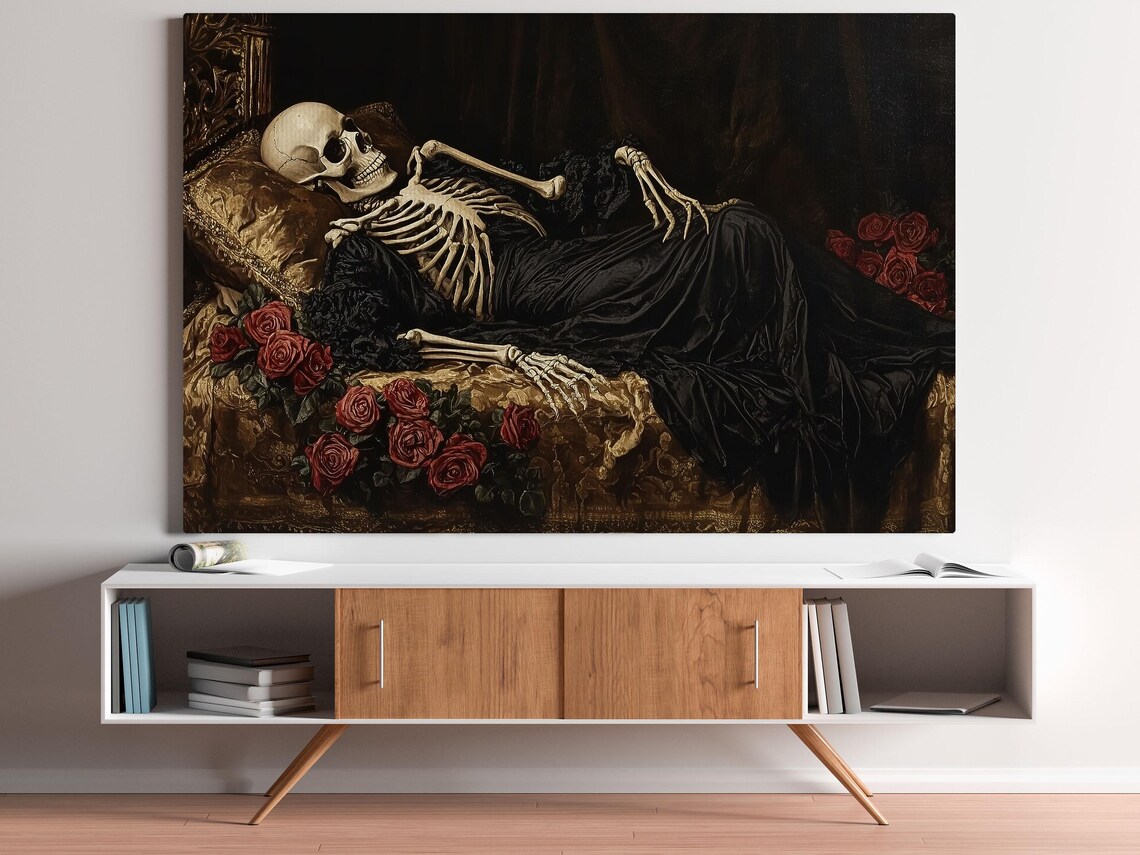 Victorian Skeleton Reclining On Sofa Red Roses Dark Gothic Oil Painting Poster - Image 4
