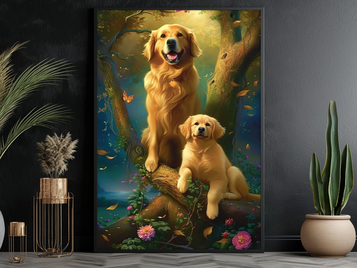 Golden Dog Mother And Child Oil Painting Dog Print Dog Print Flowers Poster Print Pet Wall Art Dog Lovers Gift