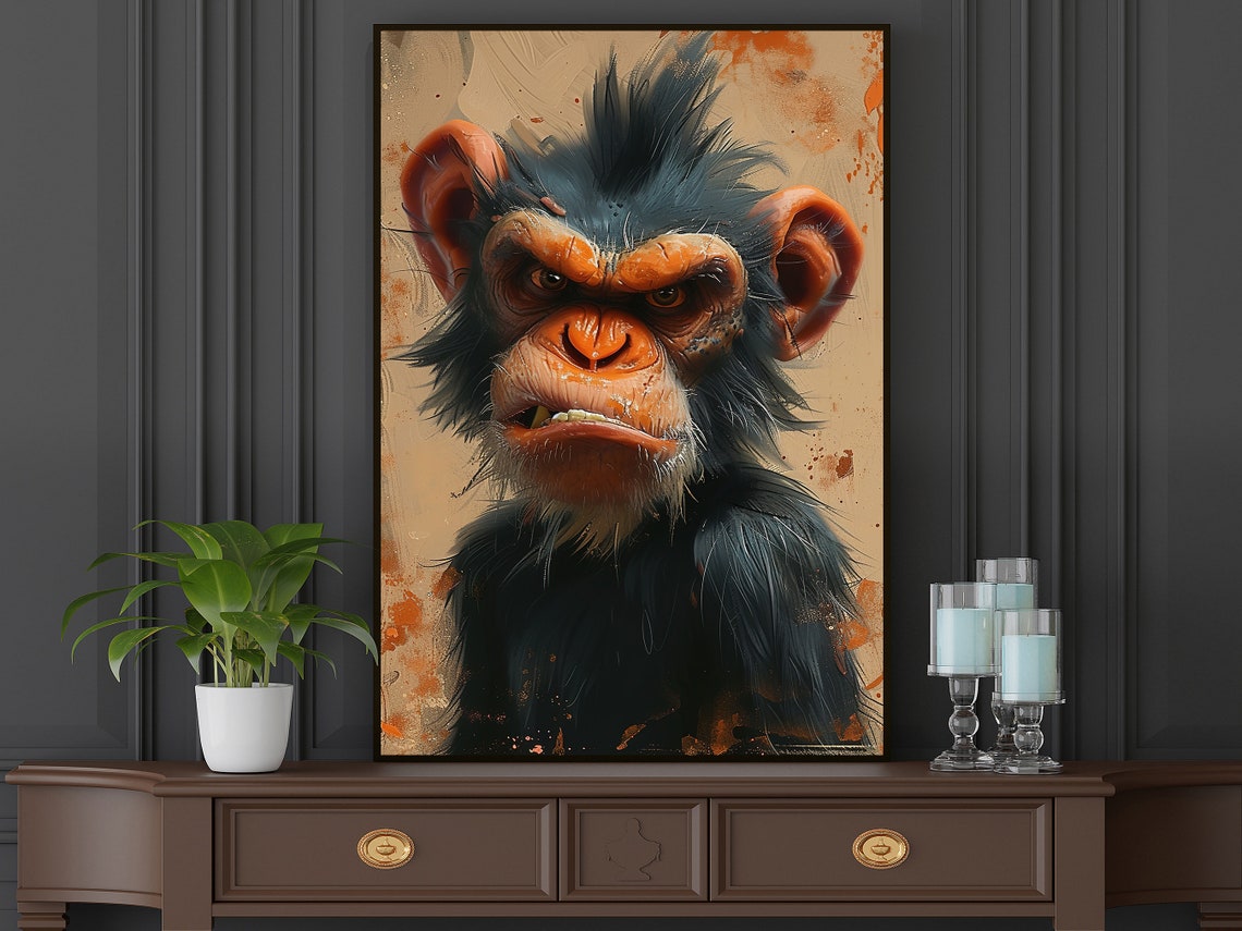 Grumpy Chimpanzee Bold Brush Portrait Funny Animal Wall Art Poster - Image 5