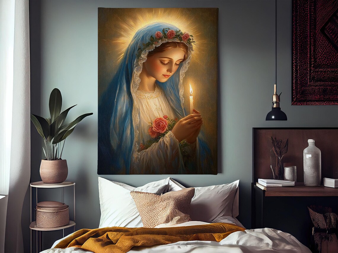 Virgin Mary Holding Candle Blue Veil Rose Crown Radiant Halo Religious Art Poster - Image 3