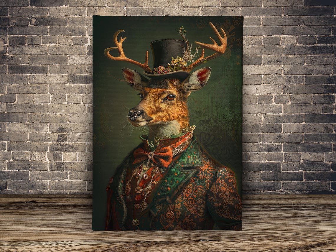 Gothic Gentleman Stag Portrait With Antlers Top Hat Vintage Art Print - Image 2