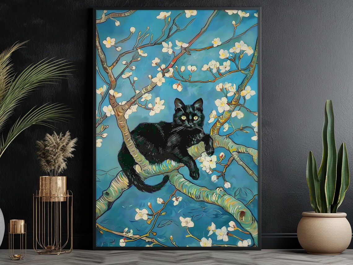Vintage Black Cat in Flowers Garden Art Print - Image 3