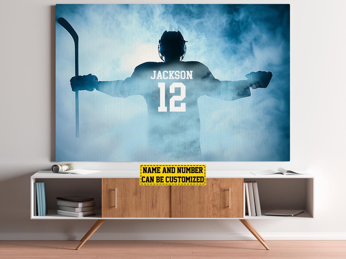 Personalized Victory Hockey Player Silhouette Blue Ice Custom Poster - Image 6