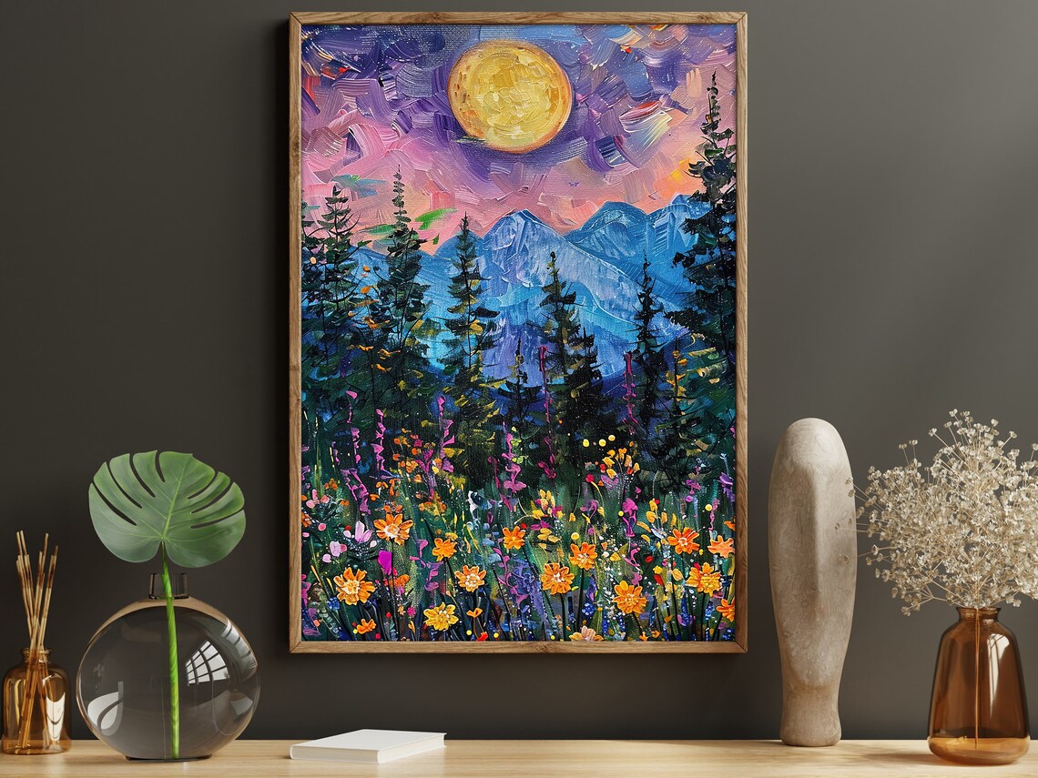 Vintage Moon And Forest Mountain Art Print