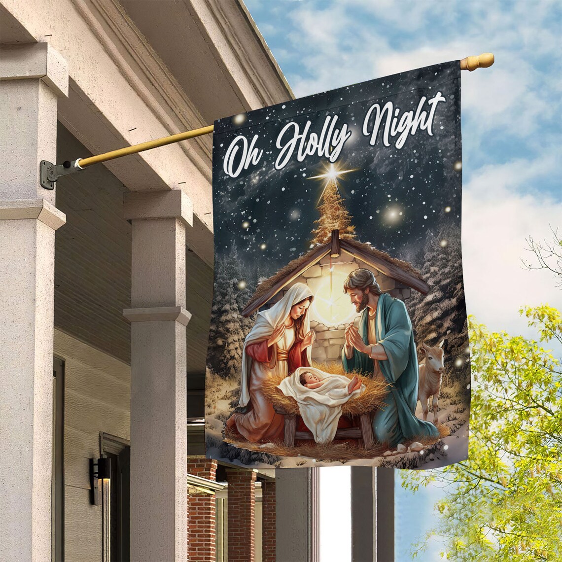 Oh Holly Night Nativity Manger Scene Christmas Garden Flag Snowy Star Decor - Image 4