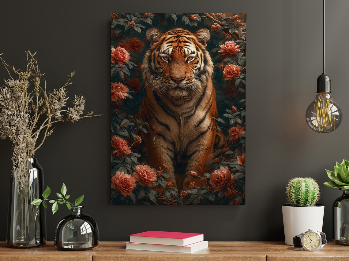 Majestic Tiger In Red Rose Garden Dark Botanical Realistic Wildlife Poster - Image 5