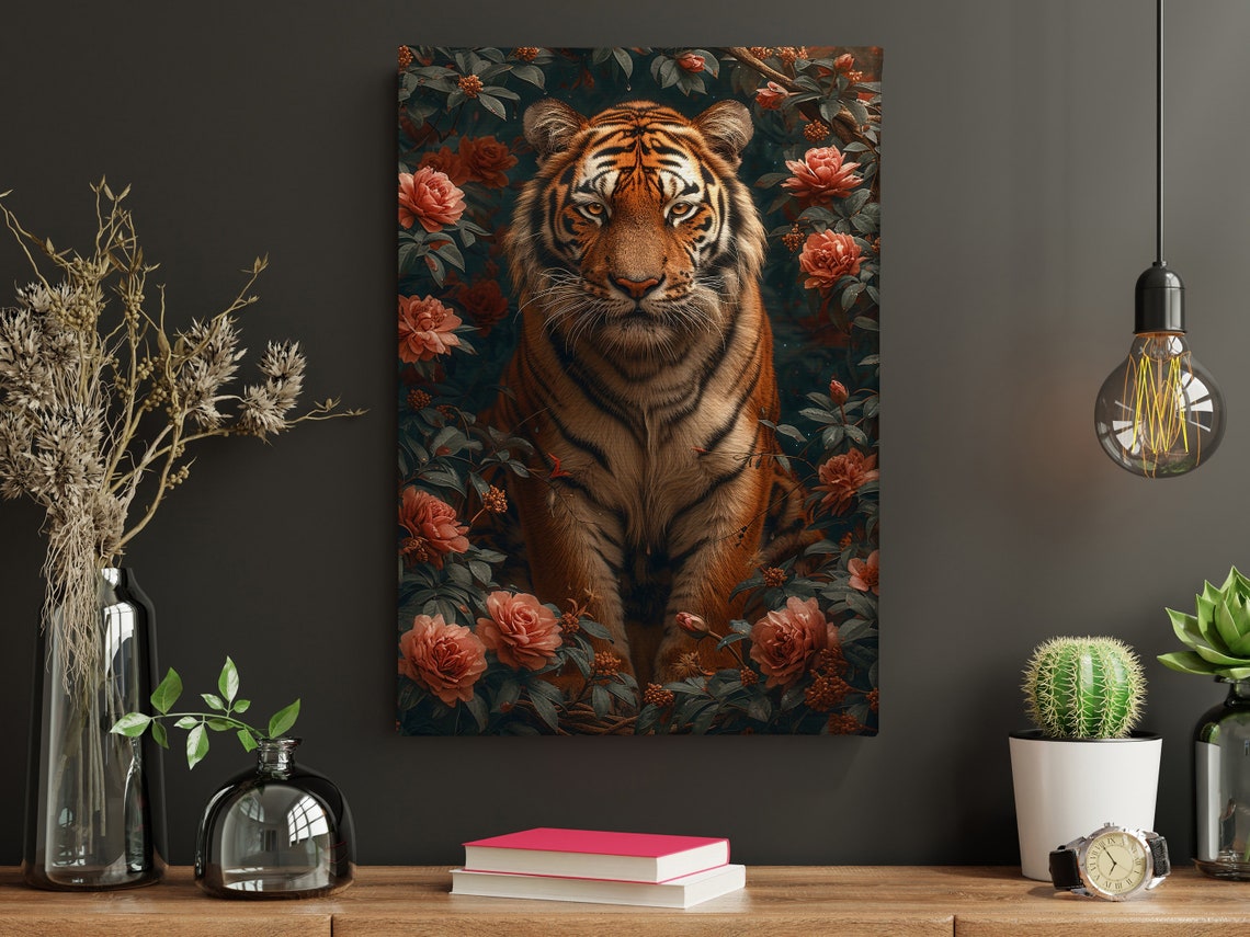 Vintage Tiger In Flowers Garden Painting Cottage Tiger Print Tiger Print Animal Poster Print Wild Animal Wall Art - Image 5