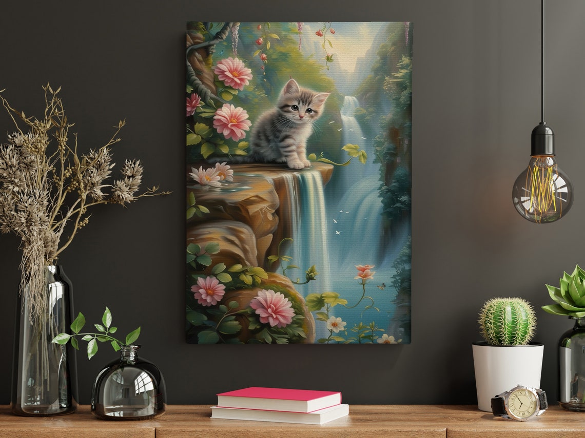 Tiny Kitten At Waterfall Edge In Magical Forest Cat Fantasy Poster - Image 4