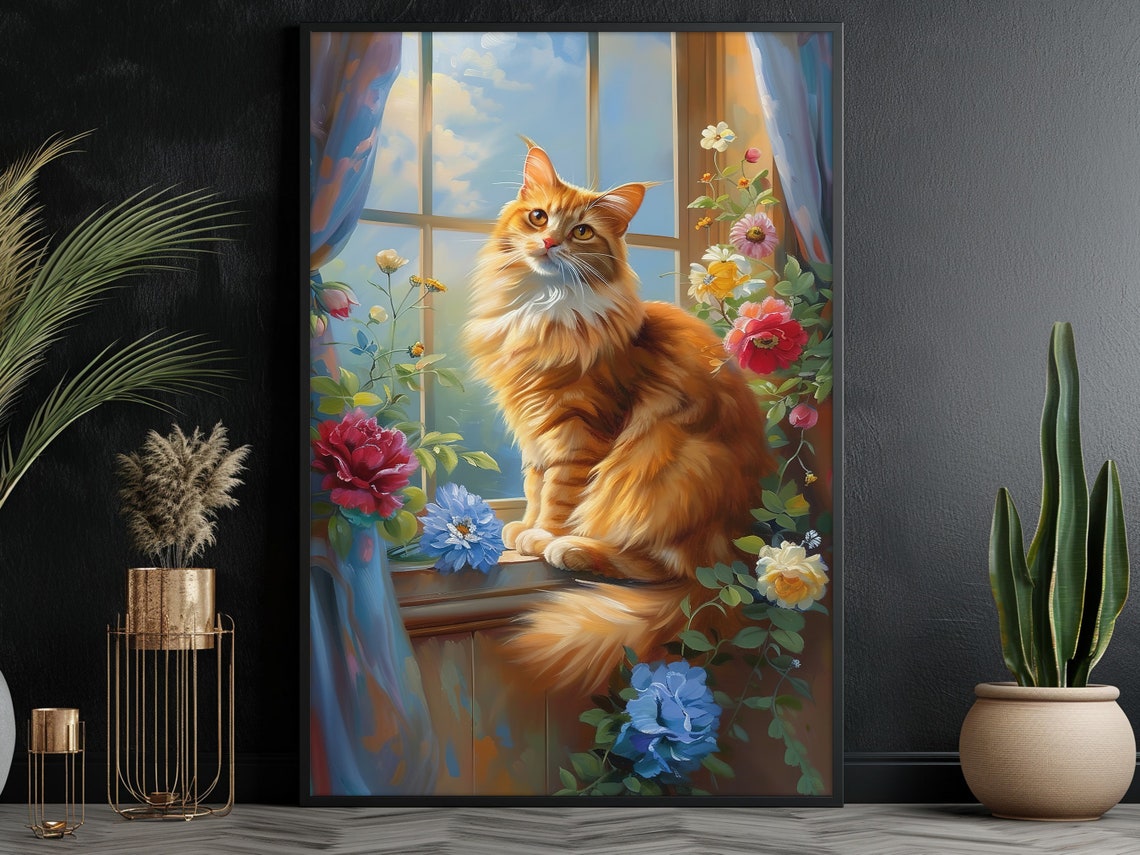 Fluffy Orange Cat On Flower Filled Windowsill Spring Window Poster - Image 5
