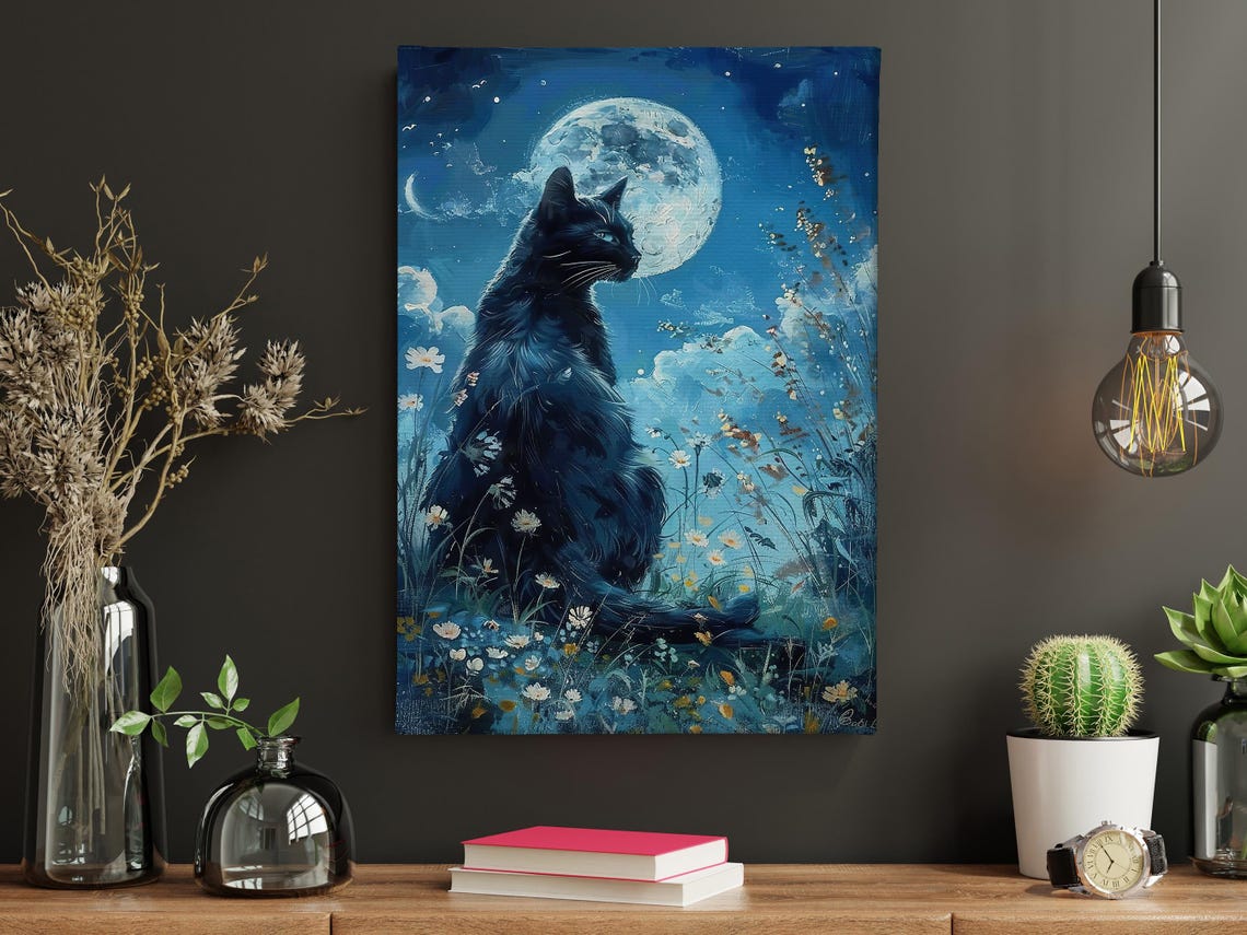 Black Cat Under Full Moon Night Wildflowers Mystical Art Poster - Image 6