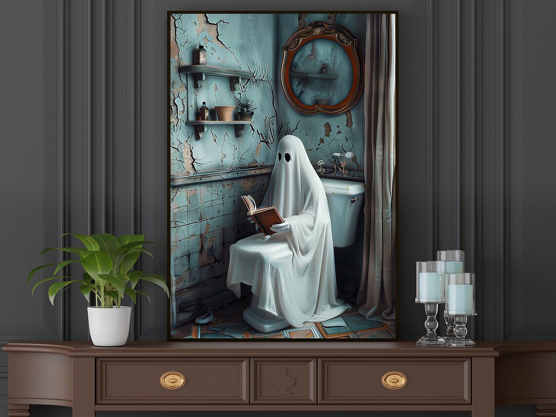 Vintage Ghost Reading Book on Toilet in Shabby Bathroom Funny Poster - Image 5