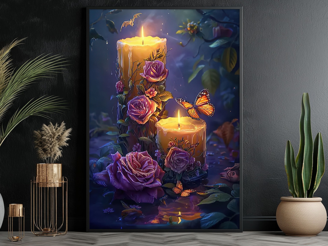 Glowing Candles With Roses And Monarch Butterflies Night Garden Poster