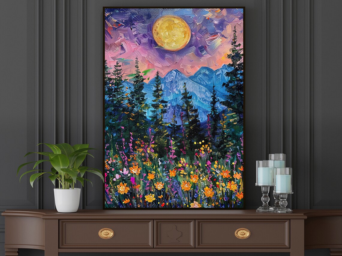 Vintage Moon And Forest Mountain Art Print - Image 5