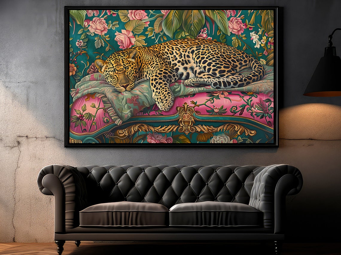 Sleeping Leopard On Floral Sofa Maximalist Botanical Wall Art Print - Image 3