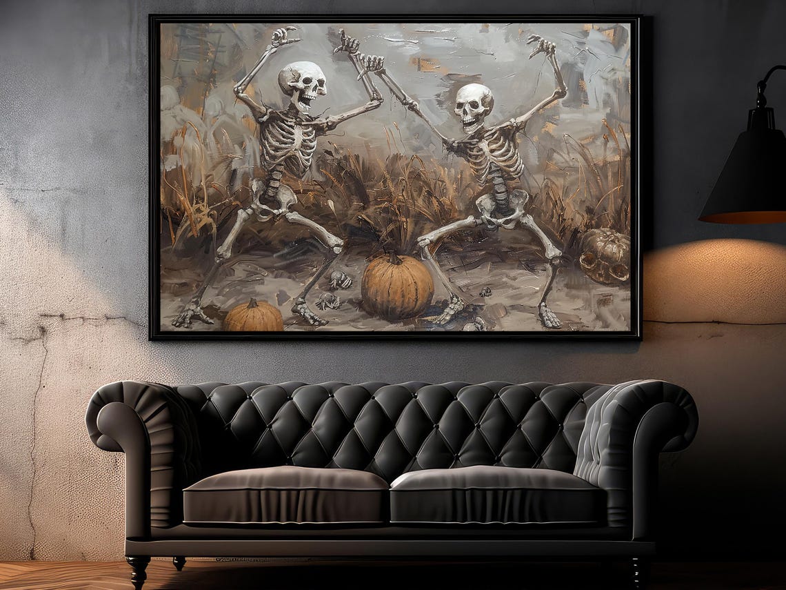 Joyful Dancing Skeletons Among Pumpkins in Harvest Field Art Poster - Image 6