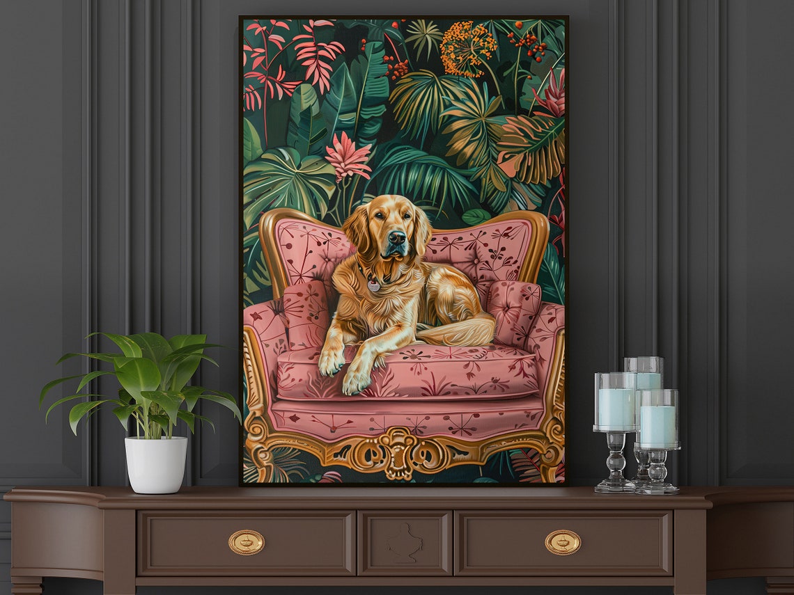 Golden Retriever Pink Velvet Sofa Tropical Jungle Dog Art Poster - Image 4