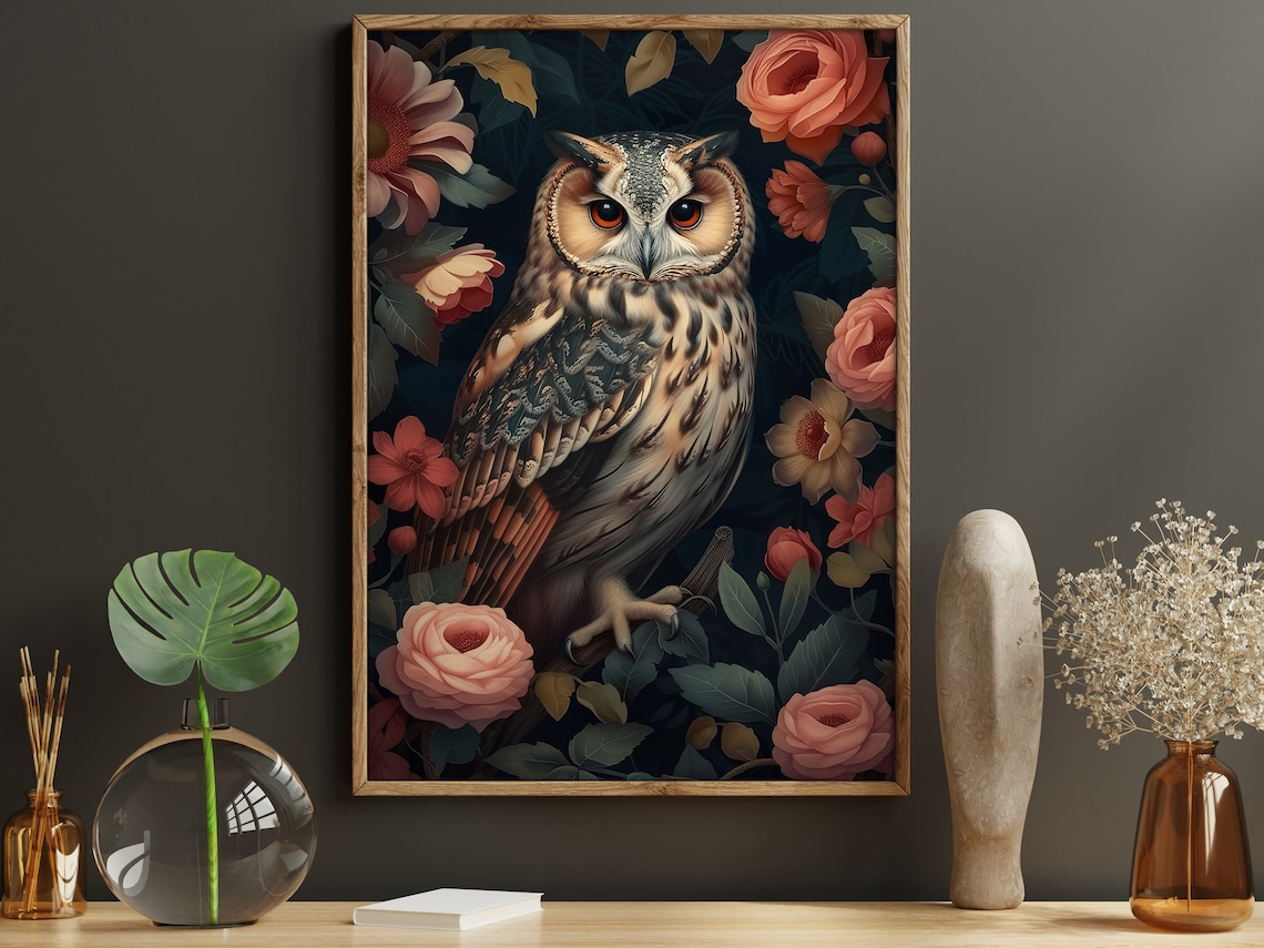 Vintage Floral Owl Gothic Wall Art Poster Print