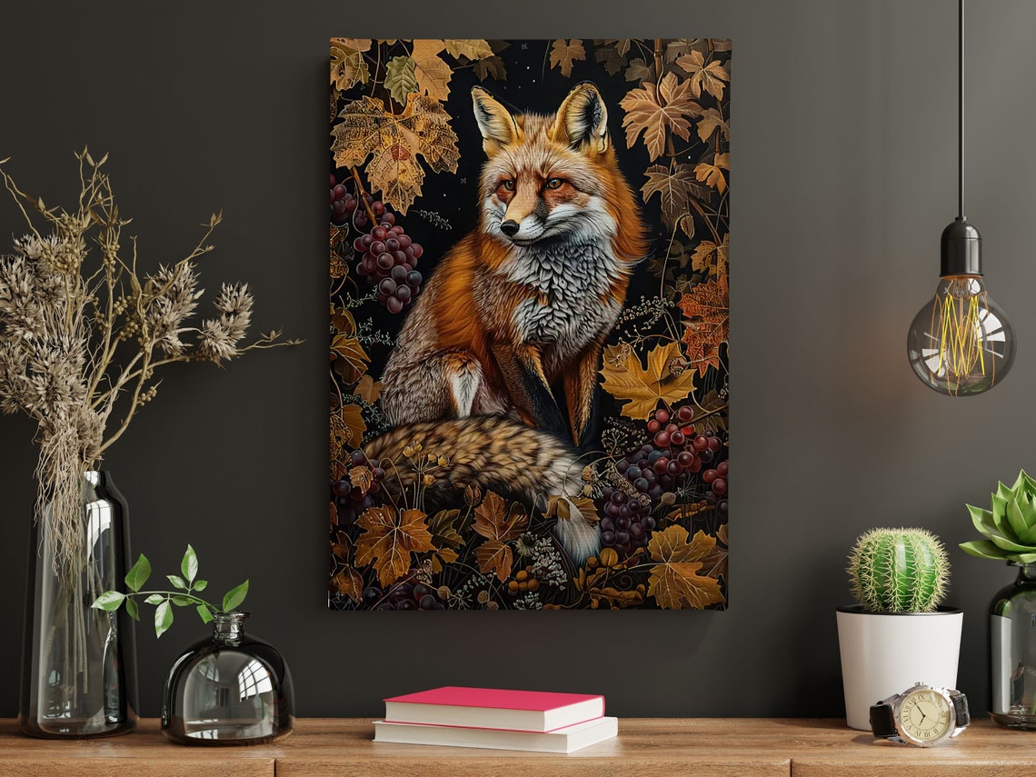 Red Fox Among Grapevines And Autumn Leaves Moody Wildlife Art Poster - Image 4