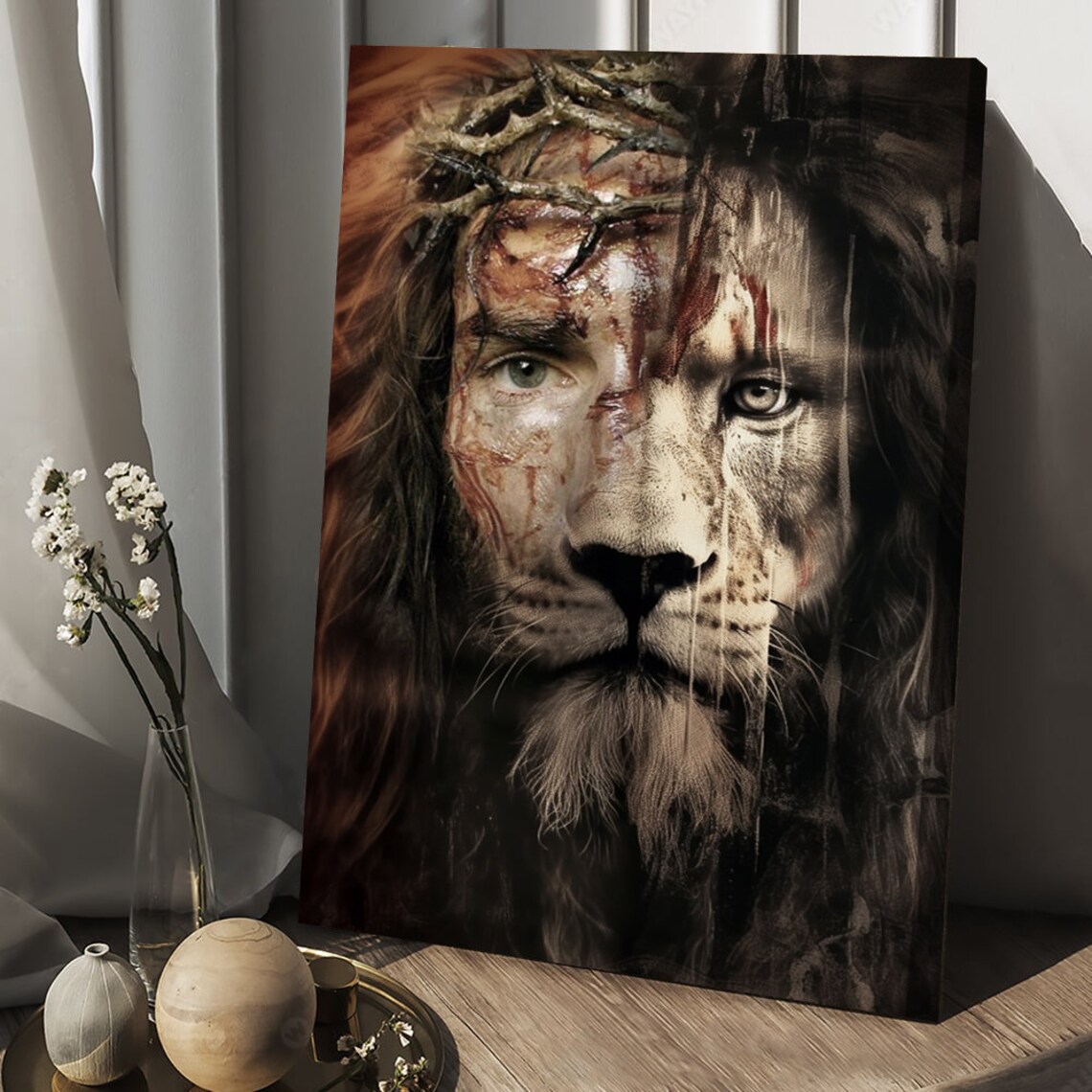 Jesus Lion Of Judah Crown Of Thorns Merged Face Christian Wall Art Poster - Image 3