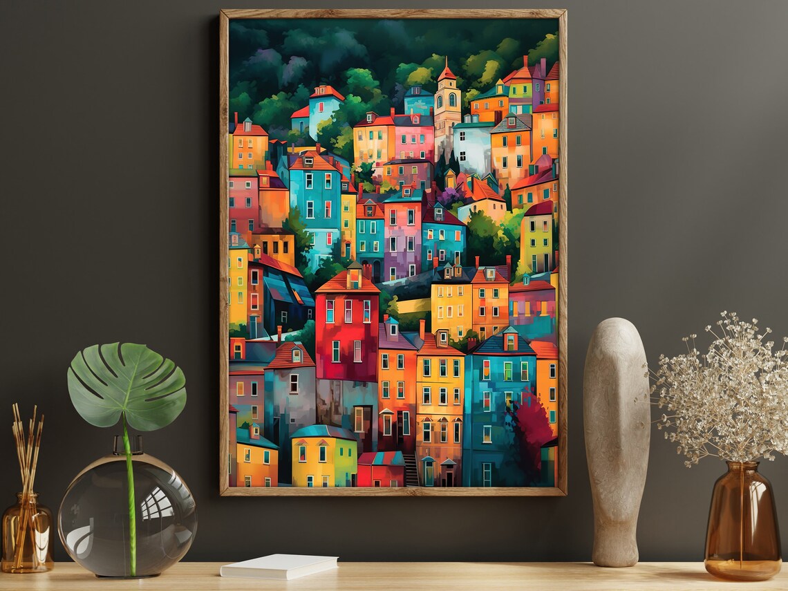 Colorful Hillside Town Houses Abstract City Painting Modern Poster - Image 3