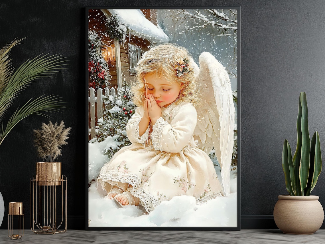 Little Angel Girl Praying In Snow Outside Cottage With Holly Vintage Print