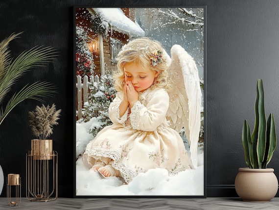 Little Angel Girl Praying In Snow Outside Cottage With Holly Vintage Print