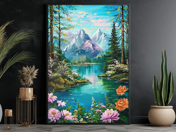 Beautiful Huge Mountain Lake Oil Painting Landscape Print Forest Print Landscape Wall Art Nature Print