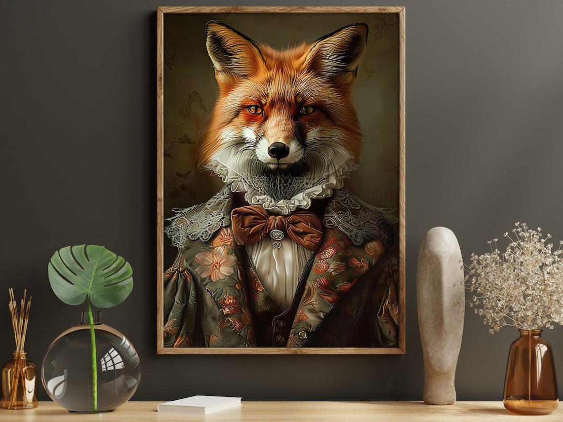 Gentleman Fox Renaissance Portrait Lace Collar Bow Tie Aristocrat Poster