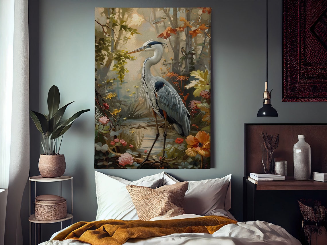 Grey Heron Standing By Forest Stream Autumn Blooms Wildlife Poster - Image 2