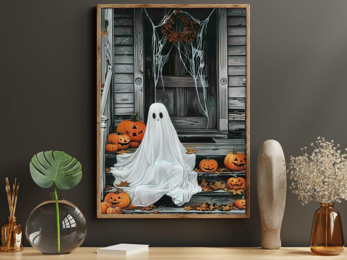 Ghost On Porch With Jack O Lanterns Cute Spooky Halloween Art Print - Image 6